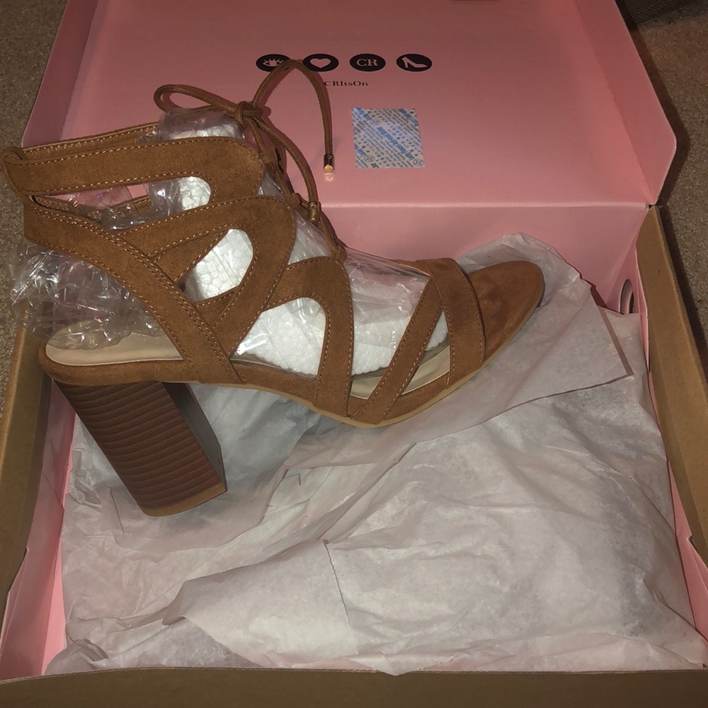 Lace Up Cut Out Faux-Suede Block Heel Sandal